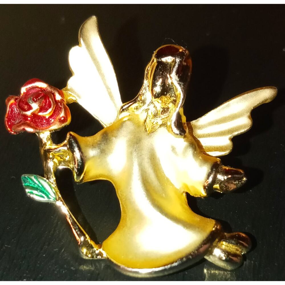 Gigi Giusti Angel With Rose Hat Lapel Pin Vintage Gold Tone